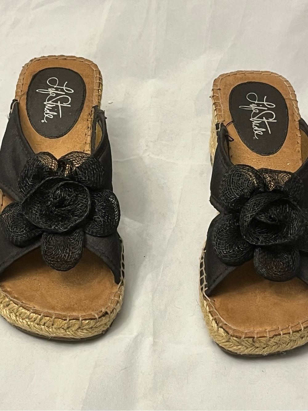 Life Stride Black Floral Jute Espadrille Slide Wedges 6